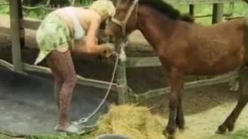 Golden-haired mature woman skillfully performs oral on her adorable small horse at the ranch