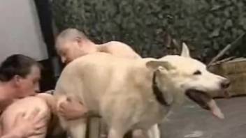 Three adult bestiality fans having intense intercourse with a canine